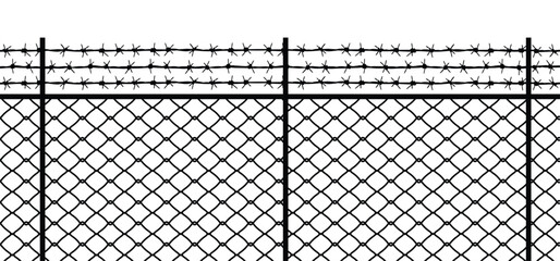 The image shows a black and white illustration of a chain-link fence topped with three rows of barbed wire.  The style is simple and graphic, lacking any contextual elements beyond the fence itself.