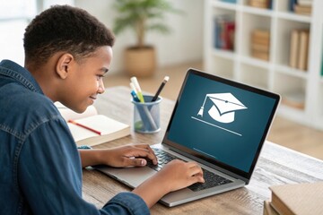 A student sits at a desk using a laptop for online learning, with a graduation cap icon displayed on the screen.