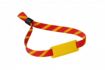 Red and yellow striped identification wristband with blank tag and black fastener, isolated on transparent background