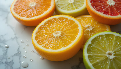 Fototapeta premium Sliced Citrus Fruits with Water Droplets on White Marble Background