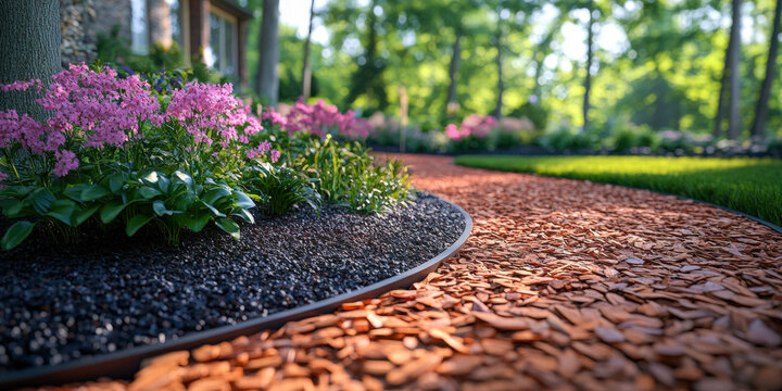 Colorful wood chip mulch enhances garden path with vibrant flowers under sunny sky