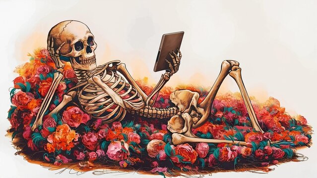 A Skeleton is lying on a pile of flowers in a "draw me like those French girls" pose and reading a tablet.