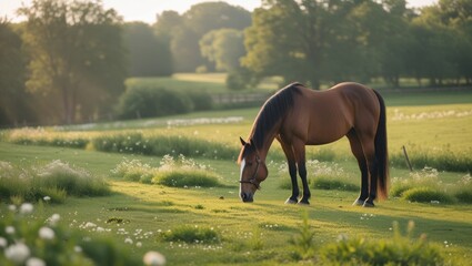 A lone horse grazes peacefully in a green pasture, surrounded by wildflowers and bathed in soft sunlight, with no humans in sight.
