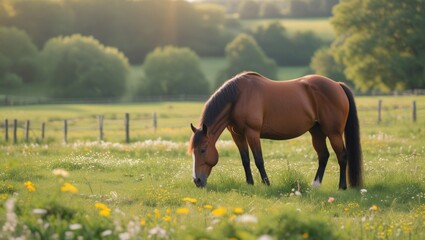 A lone horse grazes peacefully in a green pasture, surrounded by wildflowers and bathed in soft sunlight, with no humans in sight.
