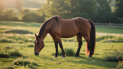 A lone horse grazes peacefully in a green pasture, surrounded by wildflowers and bathed in soft sunlight, with no humans in sight.

