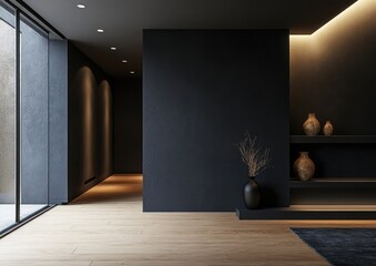 Modern minimalist interior, dark tones, Japanese aesthetic