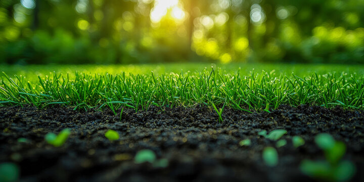 Compost top-dressing applied to a lawn promoting healthy growth of grass and plants in a vibrant outdoor setting