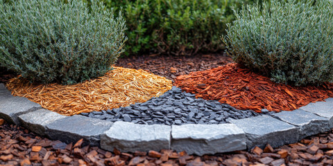 Contrasting mulch types in a garden area enhance visual appeal and support organic mulching practices for plant health