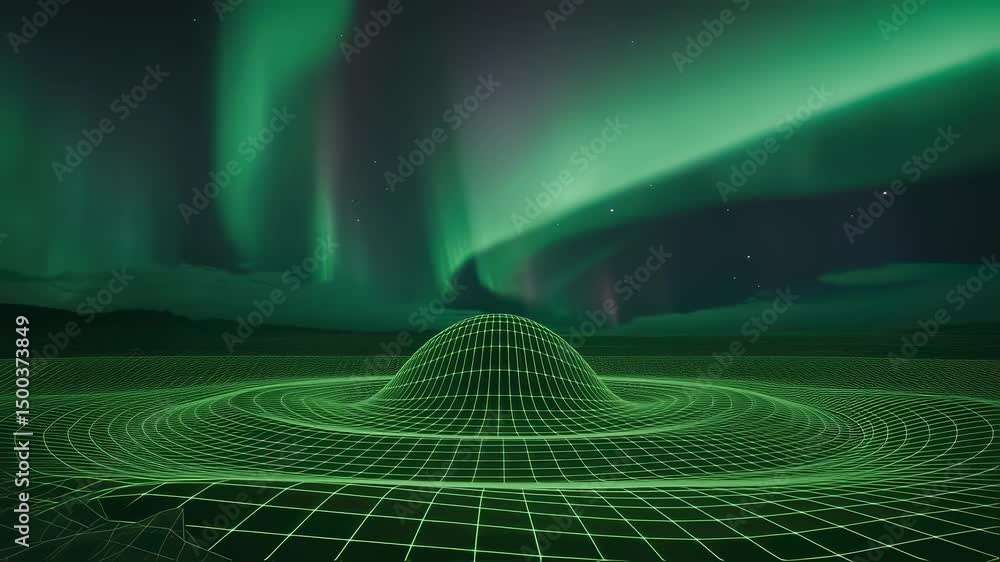Poster green aurora borealis illuminating wireframe landscape with concentric circles emanating from centra