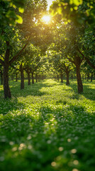 Naklejka premium Green manures thrive as cover crops under orchard trees in a lush green setting during golden hour sunlight