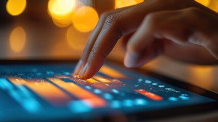 Close-up of a hand interacting with a tablet screen displaying a colorful digital interface with glowing orange and blue elements in a low-light setting
