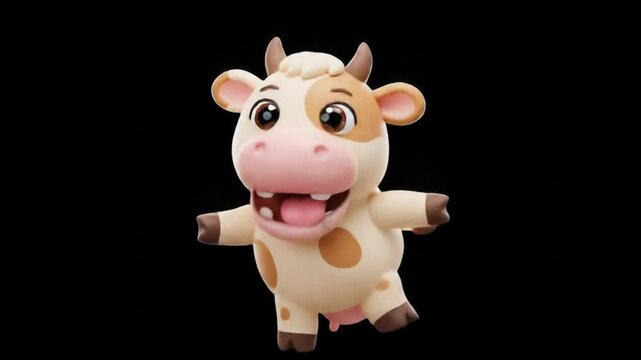 Animated cow character with brown spots and pink nose dancing on a black background in a cartoon style