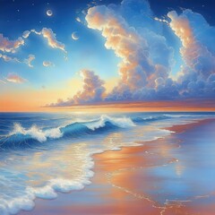 Serene beach scene at sunset with gentle waves washing onto the shore and dramatic, colorful clouds under a twilight sky with two crescent moons