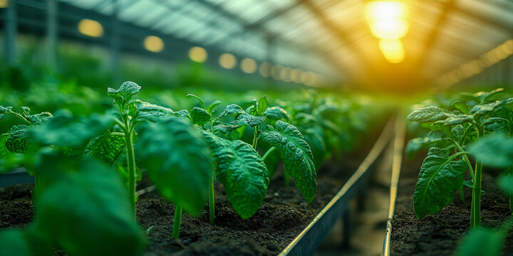 Drip irrigation system in greenhouse promotes healthy plant growth during sunrise