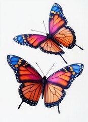 Fototapeta premium two vibrant butterflies with orange, blue, pink, and black wings displayed against a white background showing delicate patterns and graceful flight