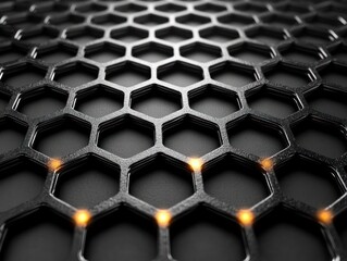 Close-up of a black honeycomb pattern structure with glowing orange lights at some hexagon intersections creating a futuristic and technological atmosphere