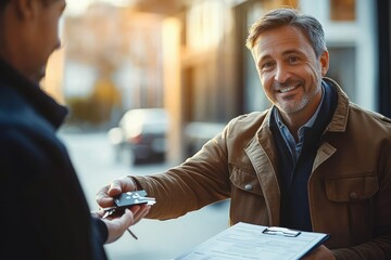 Smiling man handing over a set of keys to another person during a daytime outdoor meeting with clipboard in hand