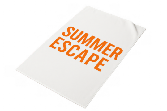 White rectangular cardstock with bold orange 'SUMMER ESCAPE' text on transparent background