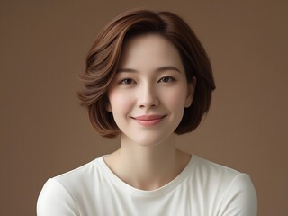 Portrait of a Smiling Young Woman with Natural Beauty and Short Hair on Brown Background