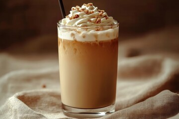 Iced coffee drink topped with whipped cream and sprinkled with brown crumbs served in clear glass on soft beige cloth