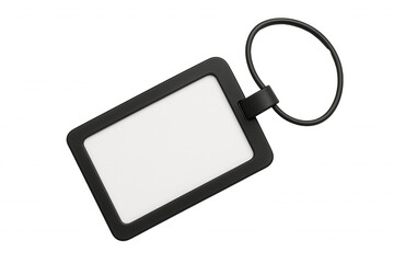 Black rectangular keychain with circular ring on transparent background