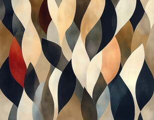 abstract composition of interlocking curved shapes in warm and cool tones creating a flowing, rhythmic pattern with overlapping layers