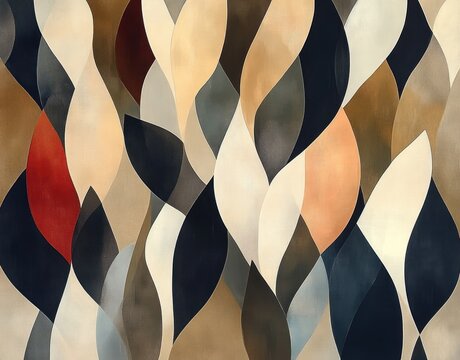 abstract composition of interlocking curved shapes in warm and cool tones creating a flowing, rhythmic pattern with overlapping layers