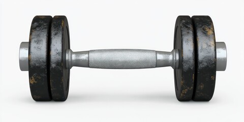 Worn black metal dumbbell with textured silver grip isolated on white background