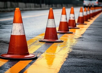 Row of weathered orange traffic cones with white stripes lined up along freshly painted yellow road lines on wet asphalt under gloomy light