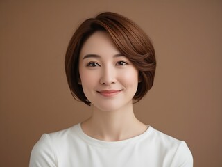 Portrait of a Smiling Young Woman with Natural Beauty and Short Hair on Brown Background