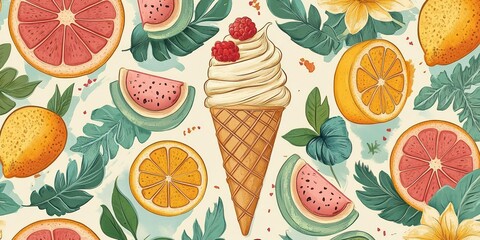 Colorful pattern featuring ice cream cone with raspberries, slices of watermelon, lemon, orange, grapefruit, and green leaves on a light background