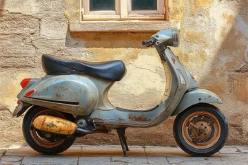Selbstklebende Fototapeten Rusty vintage scooter parked against a weathered yellow stucco wall beneath a small window on a sunlit cobblestone street © keke
