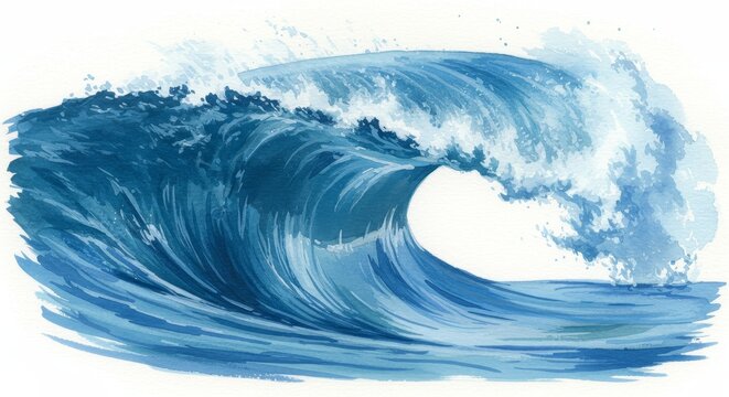 Illustration of a Blue Watercolor Wave with White Splash Against White Background
