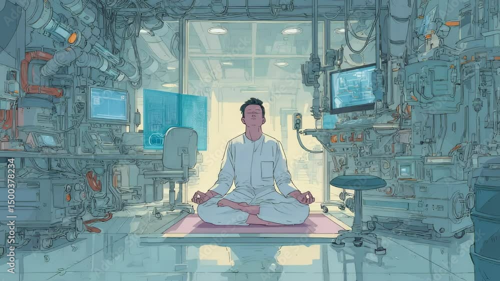 Poster laboratory technician practicing mindfulness and meditation in a high tech, futuristic lab environme