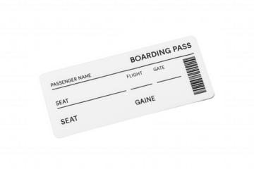 Close-up of a boarding pass with black text and barcode on transparent background