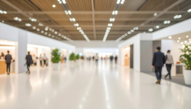 Blurred Exhibition Hall Background with People Walking and Bright Lights in Modern Interior Architecture