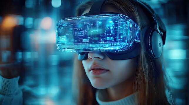young woman wearing futuristic virtual reality headset and headphones immersed in digital experience with glowing blue interface - Powered by Adobe