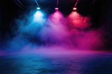 Empty stage, neon lights, smoky backdrop