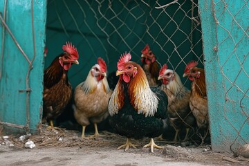 Group of chickens standing inside a rustic blue coop behind a wire fence looking alert and curious