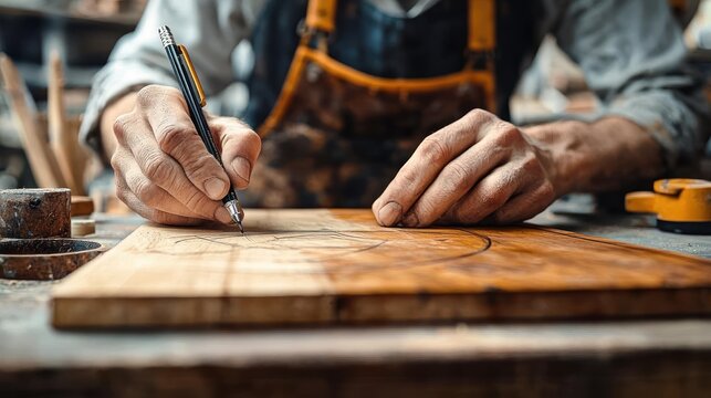 Close-up of a craftsman drawing precise circular lines on a wooden board during woodworking in a workshop