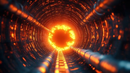 Glowing hot tunnel with intense molten core and metallic pipes extending inward conveying heat and industrial energy