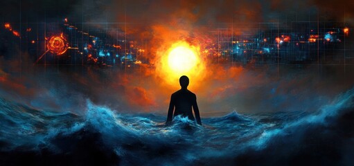Fototapeta premium Silhouette of a person standing in turbulent ocean waves facing a large glowing sun with fiery clouds and futuristic grid patterns in the sky