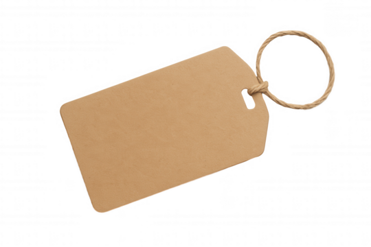 Single rectangular brown paper tag with natural jute string on transparent background