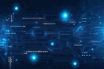 Fototapeta premium Glowing blue digital circuit board with interconnected lines and dots representing electronic data flow and futuristic technology