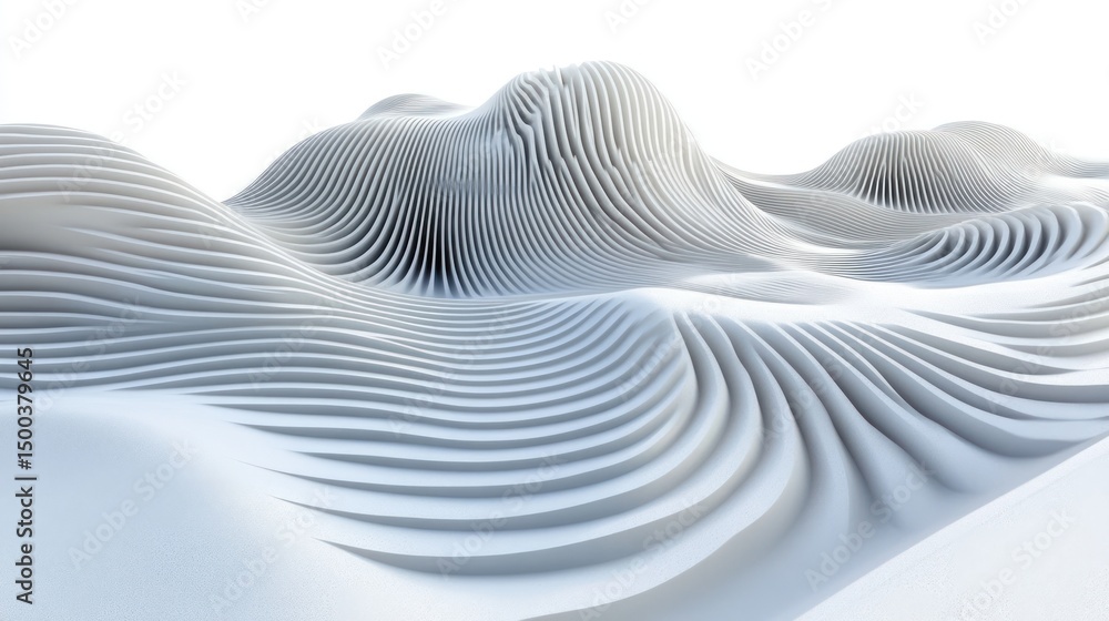 Poster abstract design of undulating, layered forms in a light gray color scheme.