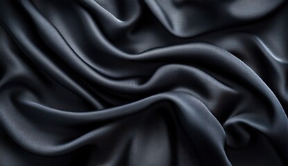 Fototapeta premium Soft black satin fabric with smooth flowing folds and elegant silky texture creating a luxurious and calm visual effect