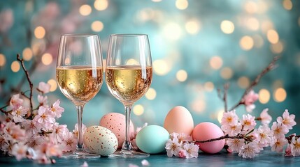 Two glasses of sparkling white wine surrounded by pastel colored Easter eggs and delicate pink cherry blossom flowers with soft bokeh background