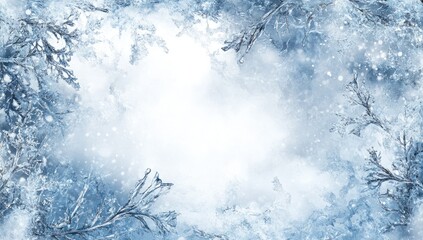 Winter wonderland frame with icy branches and snowfall
