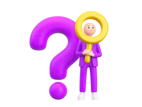 A 3D rendered icon of a figure using a magnifying glass to closely examine a large purple question mark symbolizing detailed research thorough investigation or intense curiosity