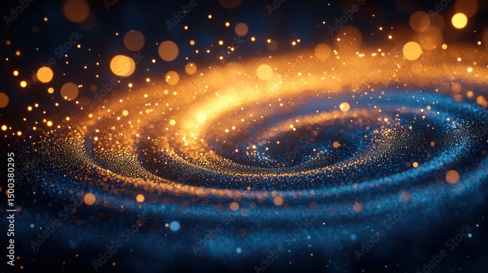 Poster vibrant spiral formation of glowing golden and blue particles creating a dynamic, shimmering galaxy-